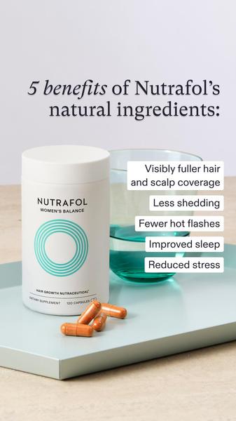 A clean, minimalist 9:16 static ad featuring a bottle of hair growth capsules, a glass of water, and a concise bulleted list of product benefits.